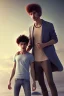 Placeholder: a single 50 year old man embraces a single, beautiful 12 year old arabic boy with long, curly hair and light blue eyes, not muscular, smiling