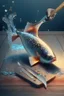 Placeholder: a 3d rendering of a beautifull genious fish with hands and fingers, down in the sparkly water, producing a wooden table and a big knife