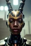 Placeholder: portrait,beautiful african robot, post-apocalyptic in a cyberpunk city, realistic, intriacte detail, sci-fi fantasy style, volumetric lighting, particales,highly detailed,cinamatic, deep