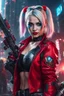 Placeholder: HD wallpaper 32k cinematic shoot of DC's harley quinn((Android cyberpunk/robotic bodypart)) and her robotic dog((Mecha dog)), she hold an mecha baseball bat, shirtless((flashing upper body)) under red cropped jacket, on futuristic cyberpunk Gotham city, explosion behind, hyper detail, extreme detail