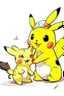 Placeholder: Cartoon Pikachu playing with a cat.