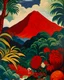 Placeholder: A darkish red rainforest near a volcano designed in medieval tapestry painted by Robert Delaunay