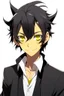 Placeholder: A mature anime man with messy black hair and large, black cat ears. Yellow eyes. Smirking. Full body