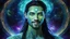 Placeholder: beautiful gorgeous young man na'vi with long hair, Avatar, blue skin, two small ears, green eyes, black hair, in cosmic suit, galactic ambiance, medium pointy goatee , smiling, nebulas and sacred geometry light figures on the backgroud,