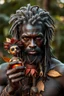 Placeholder: beautiful black skin warrior man gray hair holding a voodoo light bro doll made from leaves