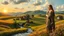 Placeholder: a village over high grassy hills,a small fall and river and wild flowers at river sides, trees houses ,next to Ripe wheat ready for harvest farm,windmill ,a few village local shops ,cloudy sun set sky,the the great Leonardo is painting his monalisa and she is posing as model