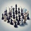 Placeholder: illustration of A digital artificial world of social media filled with chess pieces, each one representing a different strategy. a person thinking about the complex game of strategy.