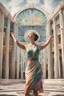 Placeholder: Photorealistic young woman in a dress, standing, with arms raised, looking at the front of an art deco building at midday, with coloured auras swirling around her