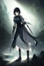 Placeholder: Anime girl with short black hair and sharp green eyes, holding a pike, full body black and white metal plate armour, full body shot, Dramatic lighting,1woman, soaked in blood, Warrior, standing pose, sword at the waist, close shot, lean body,