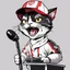 Placeholder: a drawing of a manga cat man with a sports cap and shirt, speaking at a (((lectern))) with a microphone, red, white and black colors, cat white and black colors, laughing cat