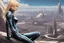 Placeholder: woman in an android-looking catsuit, with shoulder-length blond hair, sitting on a rock, sideways, with a planet behind her, a futuristic city on the horizon