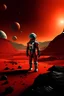 Placeholder: "Create an image depicting a young astronaut standing on the Martian surface beside a small spaceship, capturing the vastness of the red planet's landscape and the sense of exploration."