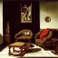 Placeholder: A living room with armchair and fancy stools. Caravaggio style