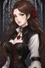 Placeholder: A confident looking young woman with pale skin and long brown hair in a dark fantasy setting with intricate details. She is wearing black and read leather, has red eyes, an air of malevolent power surrounds her. Anime style. High definition.