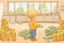 Placeholder: a curly-haired blond boy counts money and stacks gold coins in a modern nursery, in sunshine