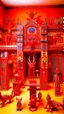 Placeholder: A red Oni kingdom with flipped buildings designed in Oaxacan alebrijes painted by Gustav Klimt