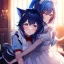 Placeholder: Clear Focus, High resolution, wearing a maid uniform, fluffy hair and a long ponytail, blue hair, cat ears, meowing, hugging another girl with red long fluffy hair also wearing a maid outfit, looking at you