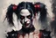 Placeholder: realistic portrait of harley quinn Digital Oil painting in the style of Jeremy Mann, bold loose brushwork, speedpainting, incoherence and chaos. Portrait of a black haired demoness stunning. Messy grunge gritty. Red eyes. wearing black leather corset. Dark colors subdued. Moody ambiance, impressionistic painterly ray tracing. Reminiscent of the surreal style of Miyo Murakami and Natalia Drepina