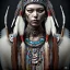 Placeholder: war painted pueblo Indian female, dark, disturbed expression.intricate detailethnically accurate face, intricate head dress, detailed make-up, detailed turquoise jewelry, detailed hair, detailed feathers, use dynamic palette, accurate proportions, high contrast black smokey bokeh background.Chie Yoshii style