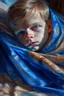 Placeholder: cover illustration, oil painting portrait of metallic sleeping slightly cute smirking innocent blue eyed vampire on a towel, bokeh , high detail, smooth render, prize winning, down light, depth of field, aura, in wind