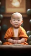 Placeholder: A 3-year-old monk boy with round cheeks, sitting, looking at the camera, monk costume, cute and cute, masterpiece, high quality, highly detailed.