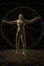 Placeholder: Human – Language – Computer. Leonardo da Vinci's Vitruvian man against the background of the matrix and the crumbling ones and zeroes. close-up of the surrounding area. Solid science fiction, high resolution