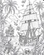 Placeholder: Pirates of the Caribbean: Skull Island Jungle Exploration Coloring Page: Create an intricate coloring page capturing the essence of Skull Island's dense jungle from the Pirates of the Caribbean movie. Depict towering trees, winding hidden paths, and exotic wild animals awaiting vibrant interpretations. Integrate iconic elements like the Black Pearl sailing on the horizon or discreetly placed treasure chests, inviting enthusiasts to bring this adventurous scene to life with their black and white