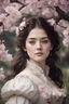 Placeholder: Beautiful Girl in the garden, 18 century, brunette, literally dark hair, dark eyes, fat, smell of sakura, rest, detailed face, england, she is staying under the tree