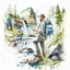 Placeholder: Illustrate a scene of an artist exploring the wonders of Norwegian nature, sketching, plain air amidst forests, waterfalls, and meadows, artistic style painting, white background, detailed, realistic