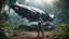 Placeholder: Wide-angle, woman with straight hair, dressed like a robot, with equipment in her hands, next to a crashed spaceship, in a clearing on an alien jungle world