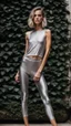 Placeholder: anorexic yoga woman, androgynous, model body, satin silver leggins, short satin silver yoga top, medium length wavy bob haircut, head and body towards camera