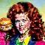 Placeholder: Young Robyn Lively with a beautiful and highly detailed face holding a lisa frank mcdonalds hamburger, modern American; by Daniel Gerhartz, phil noto, sienkiewicz, mucha, jim lee, manara; hyper-detailed, hyper-realistic, sharp focus; symmetrical face; textured shading, subtractive lighting, Unreal Engine, sharp focus