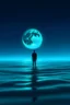 Placeholder: Man standing in the middle of the ocean with neon moon looking up and 8k photo