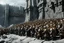 Placeholder: (photo of a movie by Ray Harryhausen) The image is a gritty, photorealistic scene of massive Dwarven defense walls under siege. A legion of stoic Dwarves, clad in heavy, articulated iron and gold armor, stand firmly atop the battlements, armed with intricate, glowing dwarven axes and powerful crossbows, actively firing and dropping heavy stones down upon attackers below. Their faces show fierce determination and concentration. (Environment & Setting) The fortress wall itself is colossal, carved
