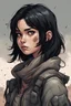 Placeholder: Portrait, girl character with black hair, comic book illustration looking straight ahead, post apocalypse