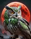 Placeholder: Owl design with ice, lava and starlight, iridescent wings under a molten lava blood red moon with eerie fog, the owl has green eyes 8k UHD Gothic fantasy art with splatter.