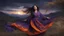 Placeholder: Hyper Realistic Close-up-view of a Beautiful Young Happy Pashto Girl with long-black-hair wearing purple-&-orange-embroidery-dress-with-black-shawl whirling with breeze, tall-grass along with a thick-tree on mountain top & cloudy-moonlight at night showing dramatic & cinematic ambiance