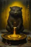 Placeholder: Living cauldron with yellow sigil, slightly demonic beaver oter in it, prize winning oil painting