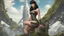 Placeholder: Photorealistic, Full Body Photo Of A Sci-Fi Pin-Up Girl, With Dark Hair and bangs, On An Alien sci-fi jungle Planet With Cloud Trees, Tall Spires, Buildings, Bridges, Arches