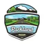 Placeholder: logo for a shop that installs tires and does oil changes, top has elements of beautiful park highway drive on flat land with elm and poplar trees, bottom shows the engine under car hood. on windshield is written "Parkland", all inside a shield shape with squared top and rounded bottom, in the style of national parks stickers