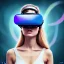 Placeholder: Woman with a VR headset running in futuristic Edimburgh on chrome water and rainbow sky