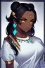 Placeholder: arcane animation series style, league of legends, Solo, 1girl, attractive teenager, african, dark skin, golden eyes, black hair, pair buns, forehead bangs colored in violet, necklace, earrings, modern makeup, (detailed skin texture), white oversize shirt