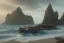 Placeholder: Small shipwreck at beachside overlooked by a craggy cliffside, fantasy, mystical, lightshafts