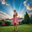 Placeholder: create full body lady ,short hair pretty dress standing pose pretty high heels ,midy dress,standing in front of a beautifull villa garden sun set sky with pretty clouds and godrays