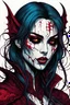 Placeholder: highly detailed, color woodcut concept illustration of a female Malkavian vampire seeress character , maximalist, sharp focus, highest resolution, in the styles of Alex Pardee, Wayne Reynolds, Denis Forkas , and Masahiro Ito, boldly inked, 8k, coarse, gritty textures