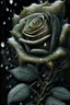 Placeholder: A frosty black rose portrait with Golden filigree rococ embossed floral lace effect ornated peatals and leaves ribbed with textured green zafire white frost and wite glitter and Golden dust organic bio spinal ribbed detail of bokeh lights background and frosty winter background extremely detailed hyperrealistic maximálist concept art