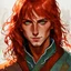 Placeholder: dnd, fantasy, watercolour, stylistic, portrait, illustration, dull colours, male, face, narrow face, green eyes, determined, happy, red hair, very long hair streaming down the shoulders, radiating light, five o'clock shadow