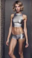 Placeholder: photography of a beautiful anorexic woman, silver satin top, sports illustrated, short wavy bob haircut, pronounced sternum