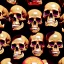 Placeholder: a picture of a dark, comedic, anatomically correct wall of colorful tightly packed skulls of varying sizes and expressions, photo realistic, insanely meticulous, highly detailed, part of a collection of bones on display, 64k, dystopian, vray