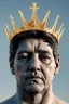 Placeholder: Ultra Realistic image, classic sculpture, white marble material, Maradona, gold crown of natural thorns, god crown, gold veins, gold ornaments, sun rays background, waist up portrait, epic, celestial, cinematic lighting, God lights, 4k resolution, smooth details, soft lighting, unreal engine 5, art station, substance 3d.